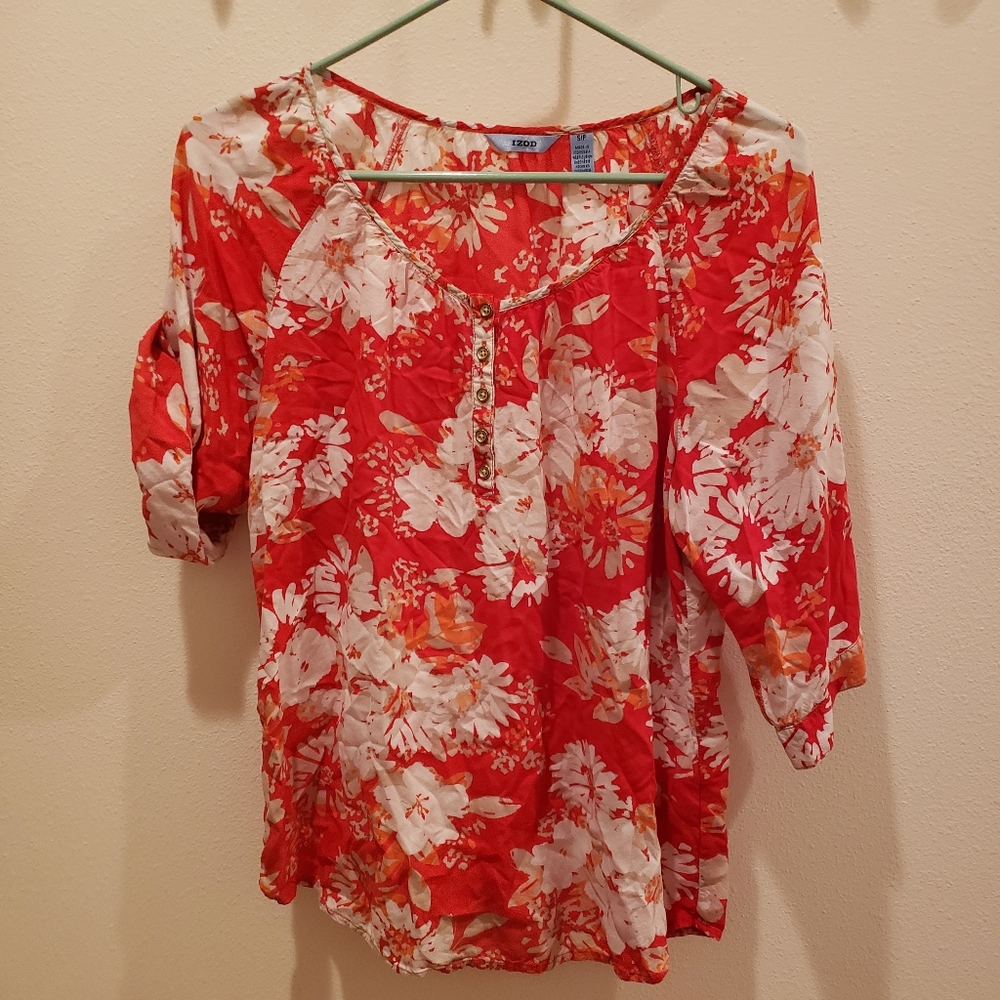 IZOD Blouse Women’s Small Semi Sheer 3/4 Sleeve Shirt Floral red